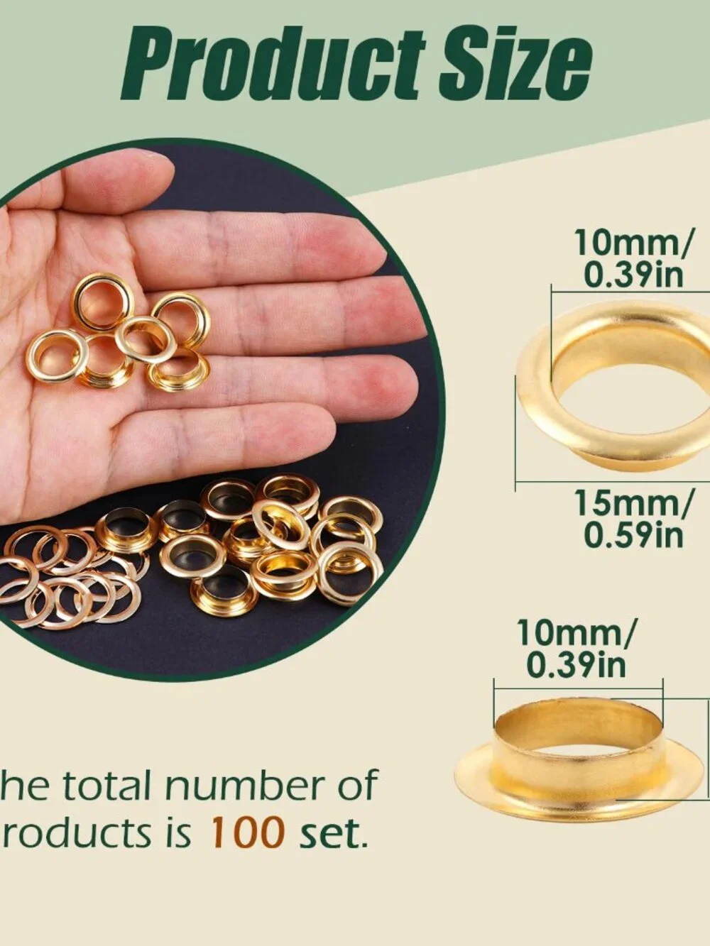 100 Sets Copper Grommets Eyelets, Gold 3/8-Inch 3/8